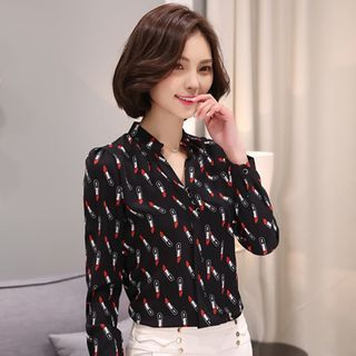 Sienne Lipstick Print Band Collar Blouse YesStyle