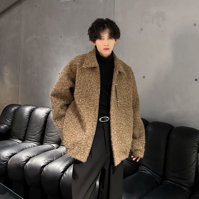 Freehop-Collared Plain Woolen Oversized Zip Jacket