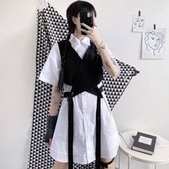 Porstina - 短袖长衬衫/饰钮扣短款马甲 Porstina - 短袖长衬衫/饰钮扣短款马甲