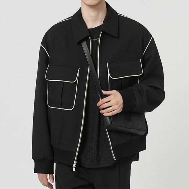 Phoneus-Collared Contrast Trim Zip-Up Jacket