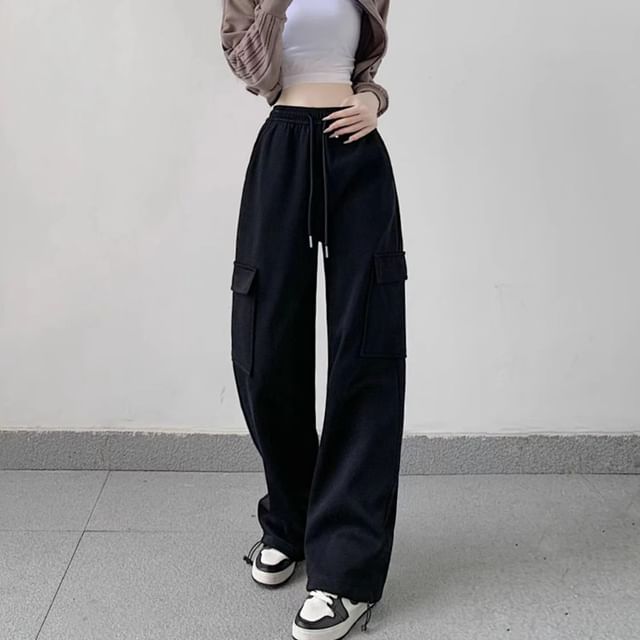 Everose-Drawstring Waist Plain Wide Leg Cargo Sweatpants