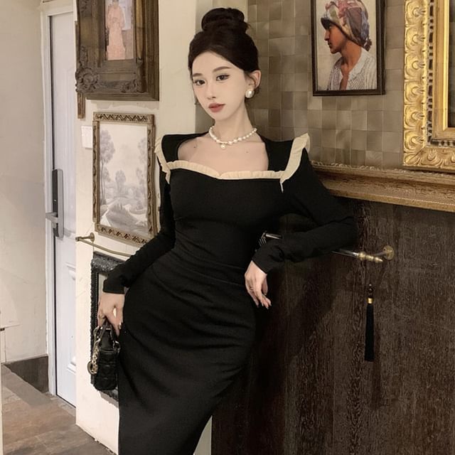 YEYCAT - Long-Sleeve Square Neck Midi Bodycon Dress | YesStyle