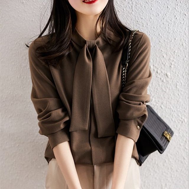 Omibayo-Long-Sleeve Tie-Neck Plain Blouse