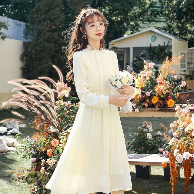 white a line midi dress with sleeves A-Line V-neck Chiffon Long Sleeves Zipper Wedding Dress, Diamond White / UK 12