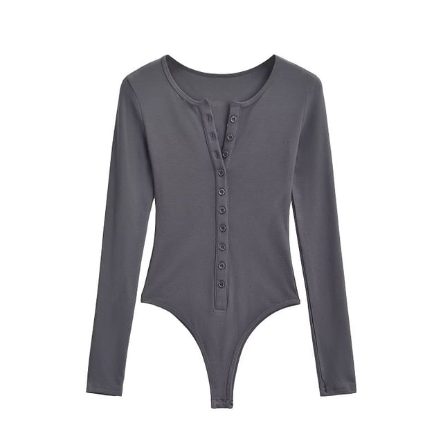 Hollahop-Long-Sleeve Round Neck Button Bodysuit Top