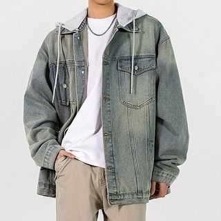 FOEV-Hooded Washed Button-Up Denim Jacket