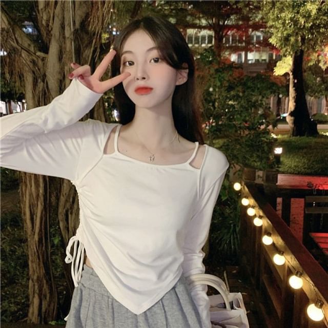 Hevnir-Cold-Shoulder Long-Sleeve Asymmetrical Plain Drawstring T-Shirt