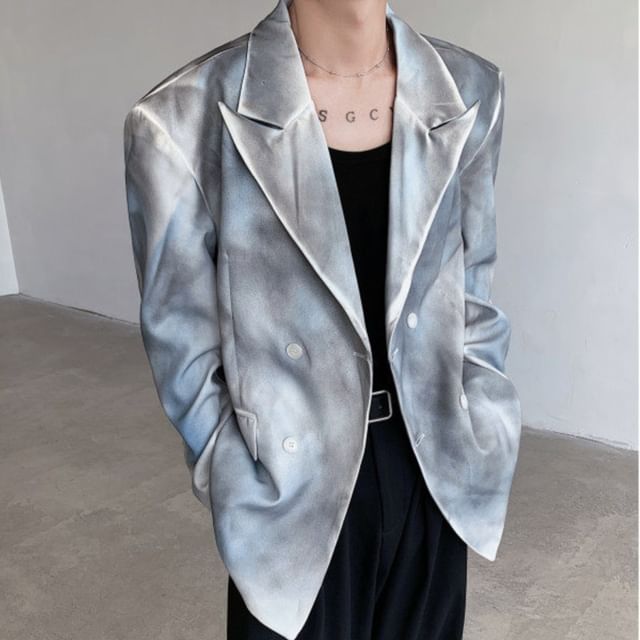 Freehop-Peak Lapel Tie Dye Double-Breasted Blazer