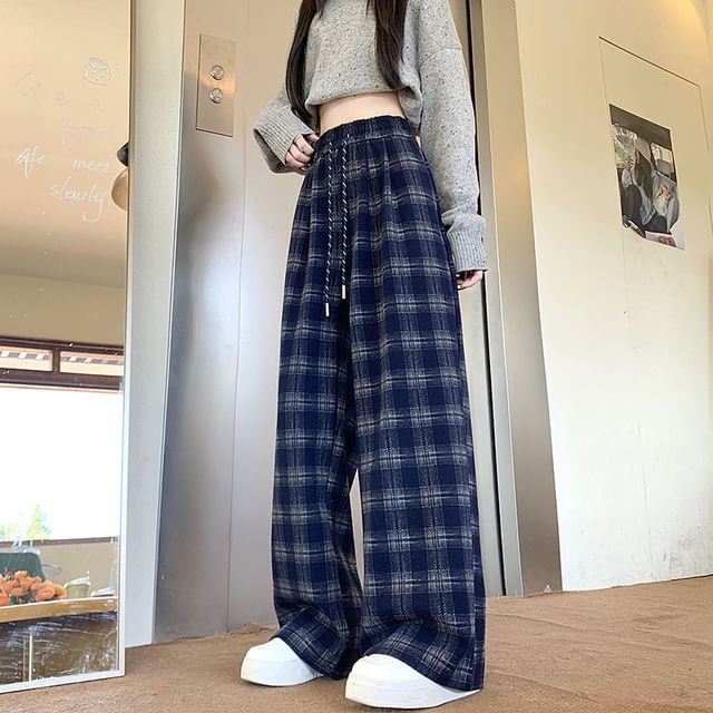 OGAWA-Drawstring Waist Plaid Baggy Pants