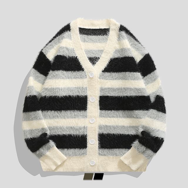 purplelouve-V-Neck Color Block Button-Up Cardigan