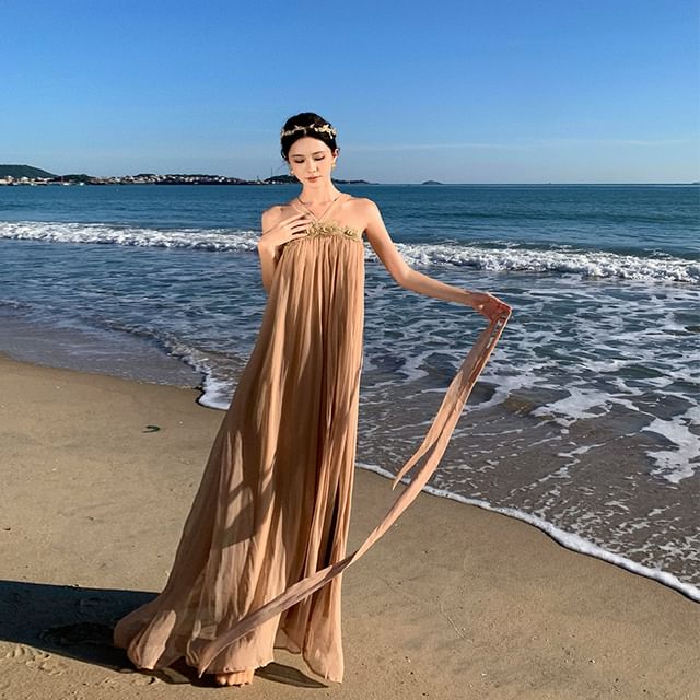 shirred linen dress Kari Hand Woven Strap Shirred Dress in Silk-Linen Blend L main image 0
