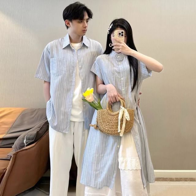 Azure-Couple Matching Short-Sleeve Stand Collar Striped Button-Up Midi Tunic Elbow-Sleeve Shirt Various Designs