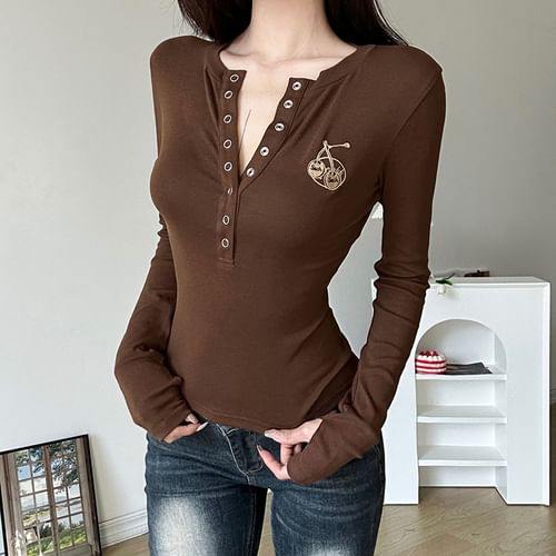 Long Sleeve Henley Cherry Embroidered T Shirt