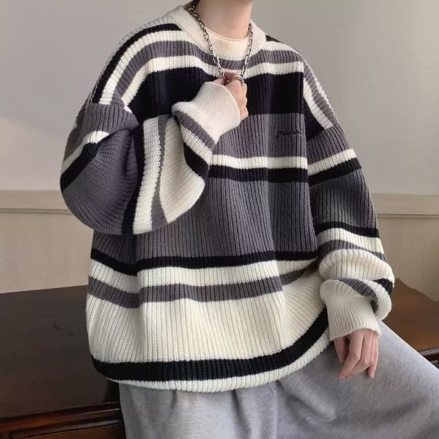 Bay Go Mall-Crew Neck Striped Ribbed Oversized Sweater