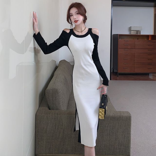 Aurora - Long-Sleeve Crew neck Two Tone Midi Bodycon Dress | YesStyle
