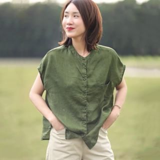 Taragon Cap-Sleeve Stand Collar Plain Shirt Sale