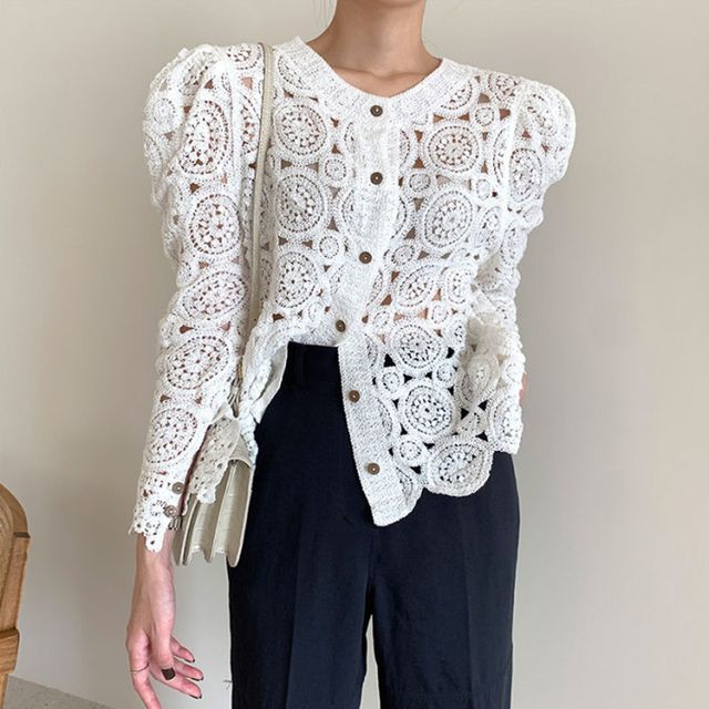 Pomona - Puff-Sleeve Button-Up Crochet Lace Cardigan | YesStyle