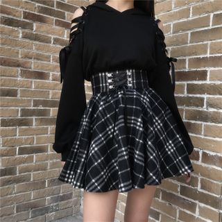 Lydiah - Cold-Shoulder Hoodie / Plaid Mini A-Line Skirt | YesStyle