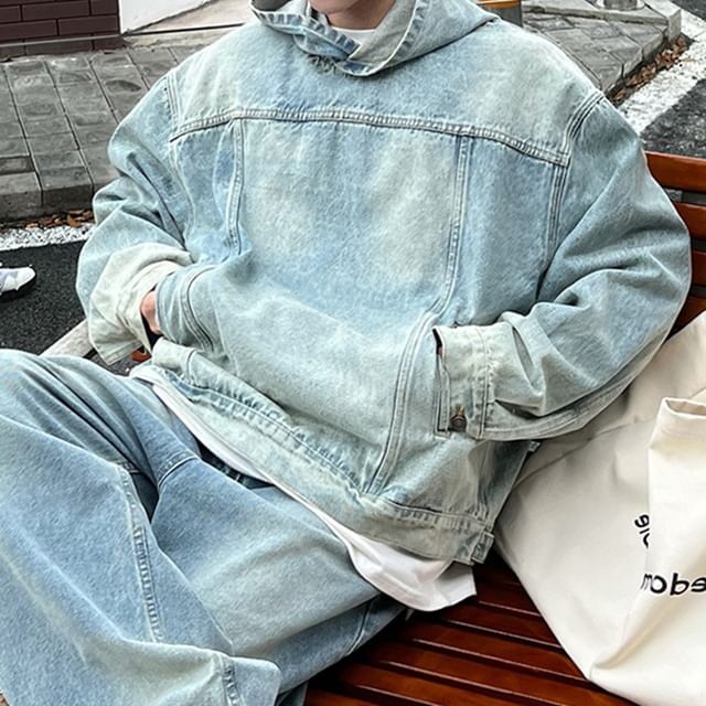 Adothuiastic-Washed Denim Hoodie