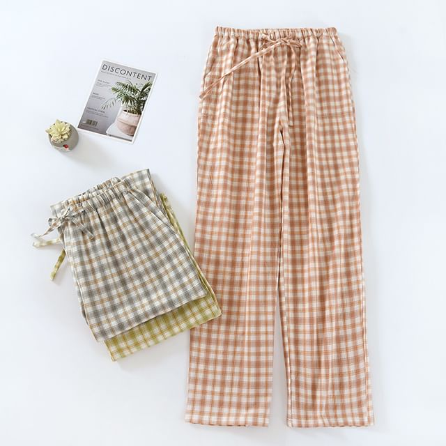 Dogini-Drawstring Waist Plaid Straight Leg Pajama Pants