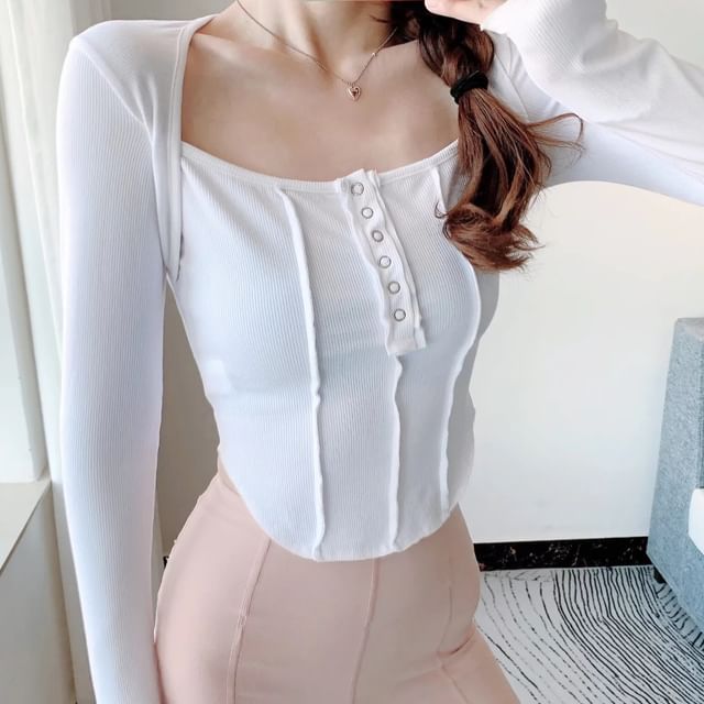 Asiris-Long Sleeve Square-Neck Half-Button Plain Slim-Fit Top