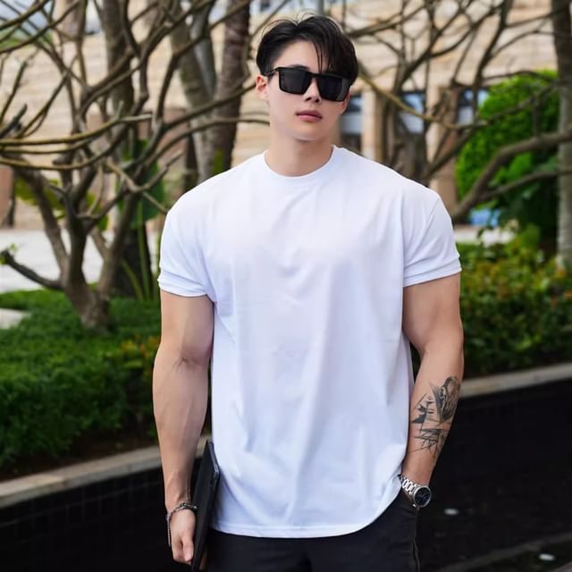 fluffush-Short Sleeve Crew Neck Plain T-Shirt