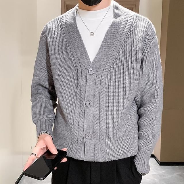 Naideth-V-Neck Plain Cable Knit Cardigan