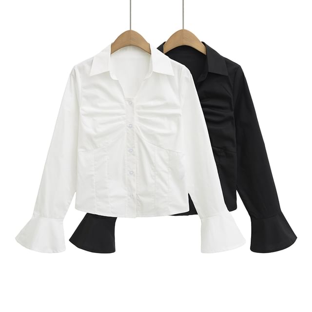 Ulark-Flared-Sleeve Plain Ruched Shirt