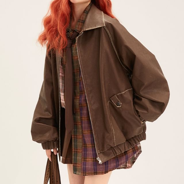 KUMI-Faux Leather Loose Bomber Jacket