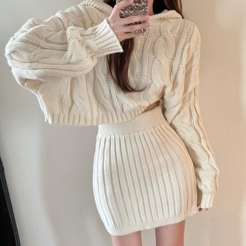 Set: Plain Hood Cable Knit Crop Sweater + High Waist Ribbed Knit Mini  Pencil Skirt