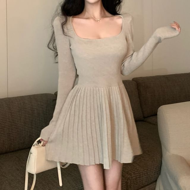 pleated waist knit a-line dress Women's V Neck Tie Waist Casual Long Sleeve Pleated Knit A-Line Sweater  Dress