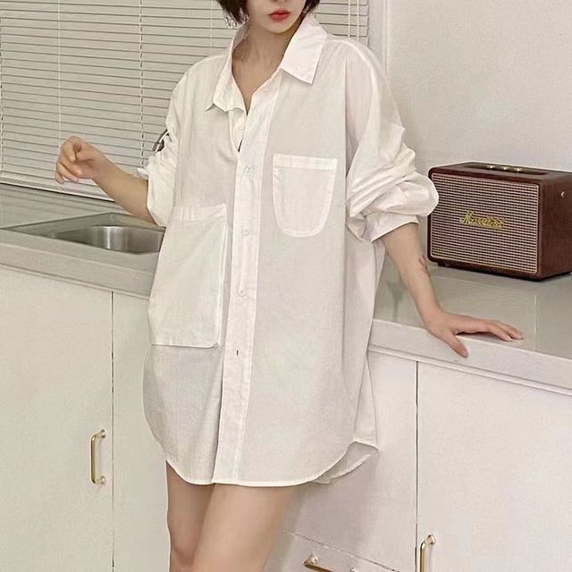 Everose-Plain Pocket Detail Oversized Shirt