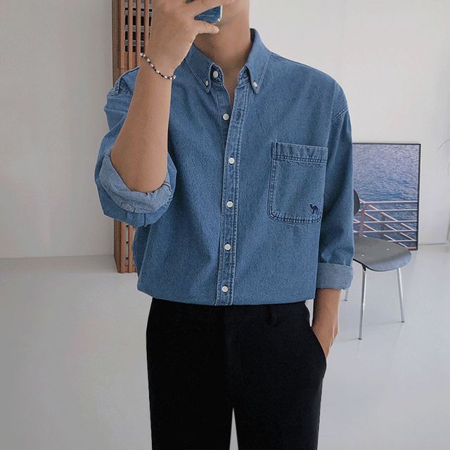 MRCYC-Long-Sleeve Collared Washed Denim Shirt