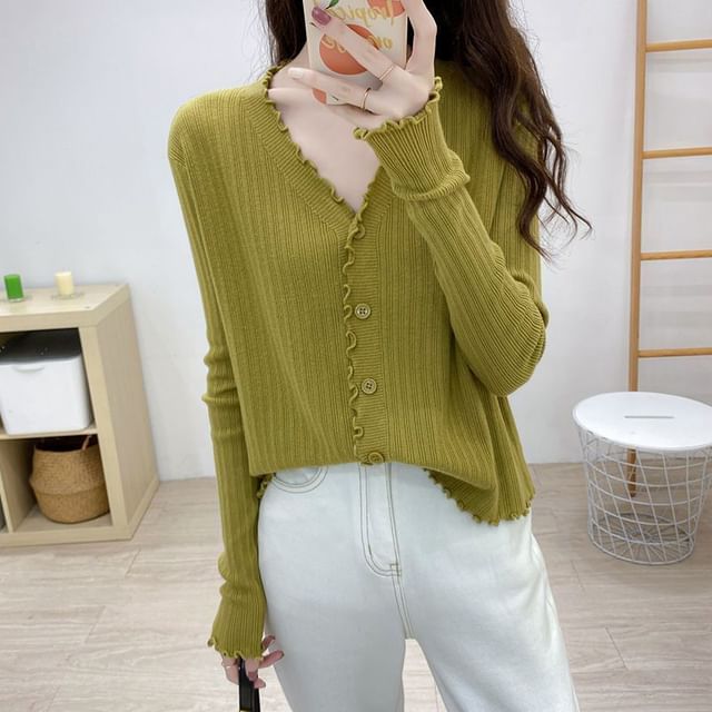 Sisyphi-V-Neck Plain Ribbed Knitted Crop Cardigan