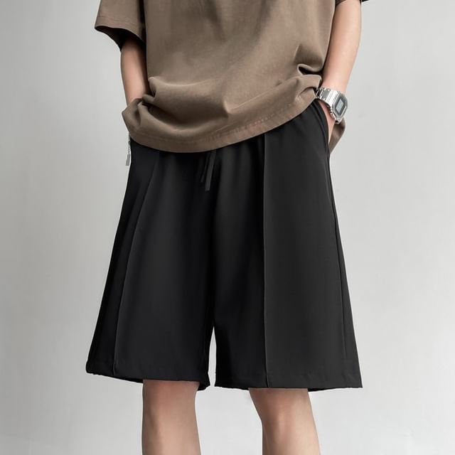 Plummie-Drawstring Waist Plain Wide Leg Shorts