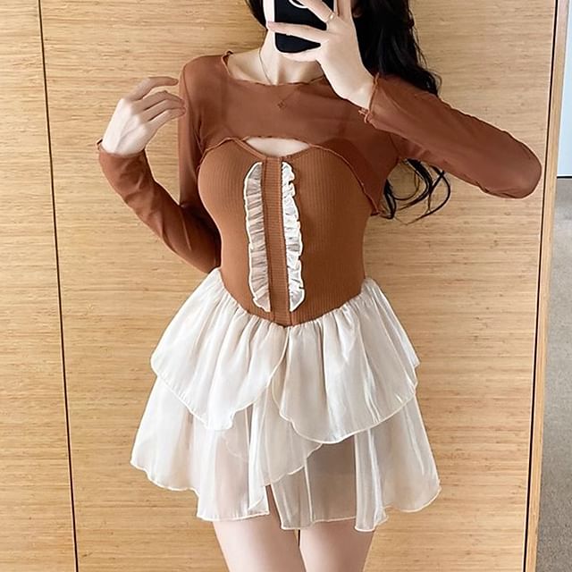 Set: Spaghetti Strap Two Tone Frill Trim Layered Swim Dress + Shrug
