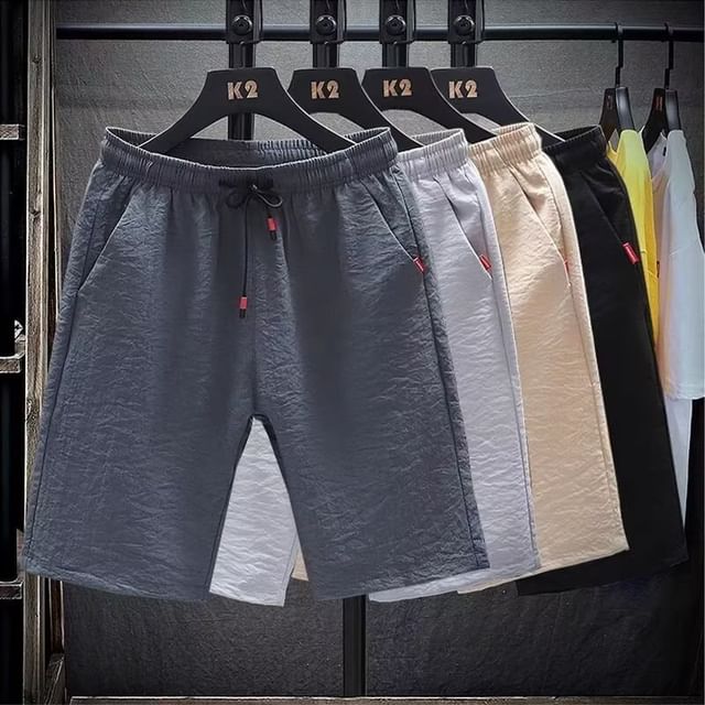 Acrius-Elastic Waist Plain Shorts