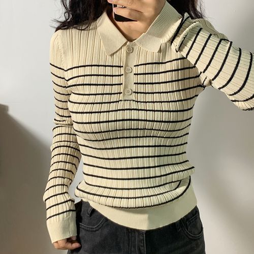 Mouang - Long-Sleeve Striped Ribbed Knit Polo Shirt