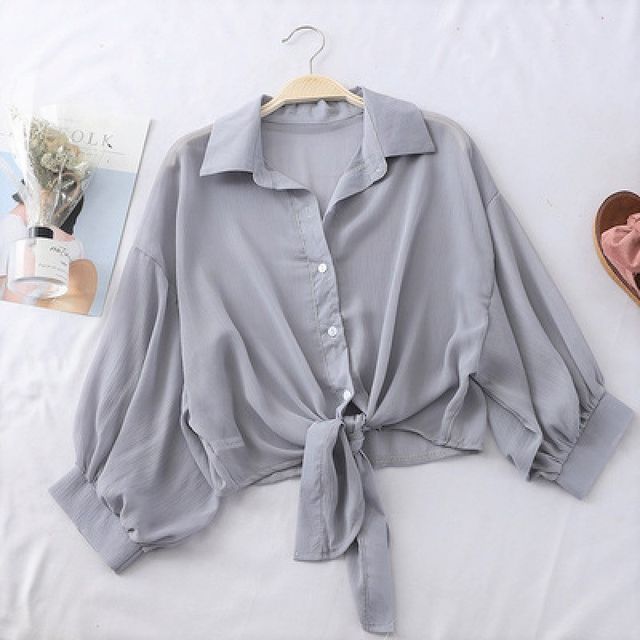 Inchioh-Elbow-Sleeve Tie-Strap Chiffon Cropped Blouse