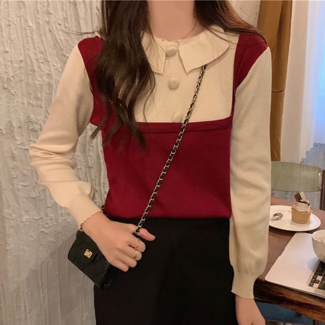 Sisyphi-Long-Sleeve Collar Two Tone Sweater