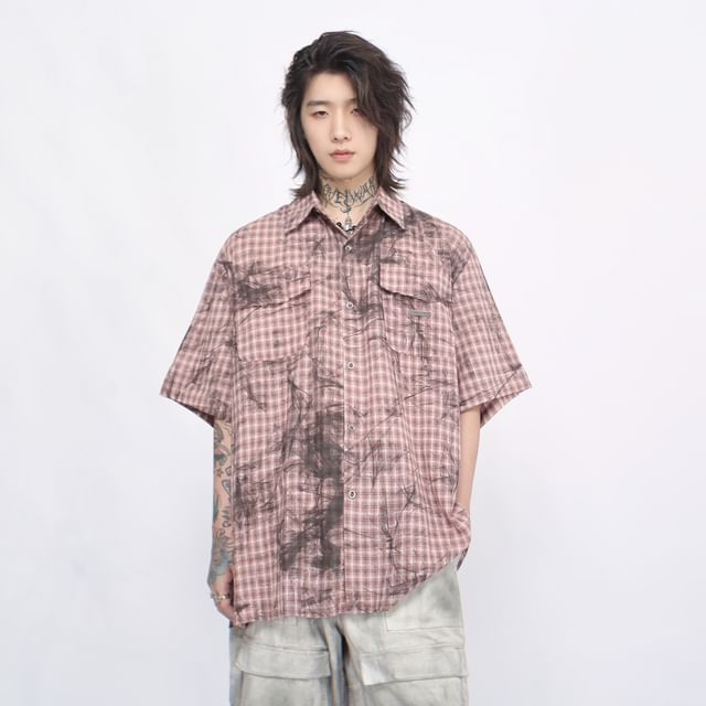Derbundy-Elbow-Sleeve Pocketed Plaid Shirt