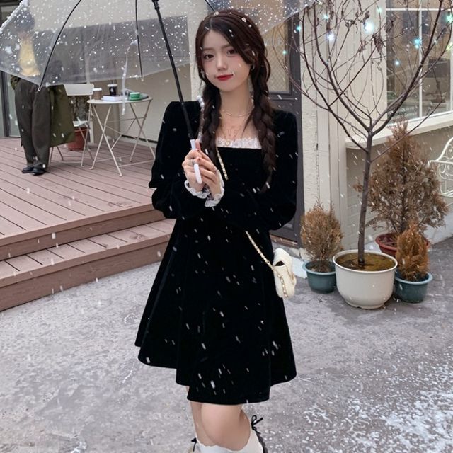 Whoosh - Long-Sleeve Square-Neck Velvet Mini A-Line Dress