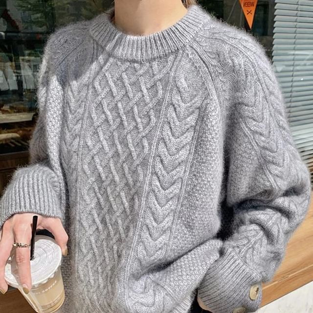 Bolgivy-Round Neck Plain Twist Knit Sweater