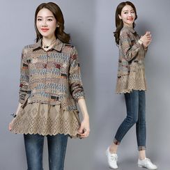 RAIN DEER - 圓孔眼荷葉下襬印花襯衫 RAIN DEER - 圓孔眼荷葉下襬印花襯衫