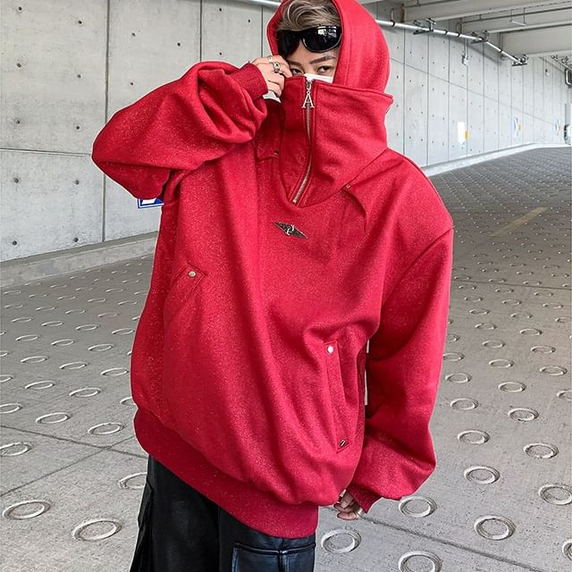 Orungeetun Stand Collar Mock Two-Piece Glitter Half-Zip Hoodie