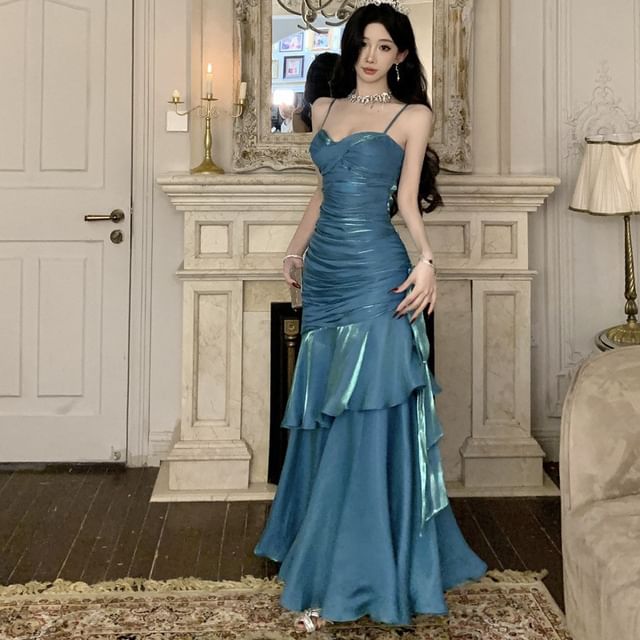 asymmetrical mermaid dress Pink Asymmetrical Halter Satin Mermaid Formal Dress – FancyVestido main image 1