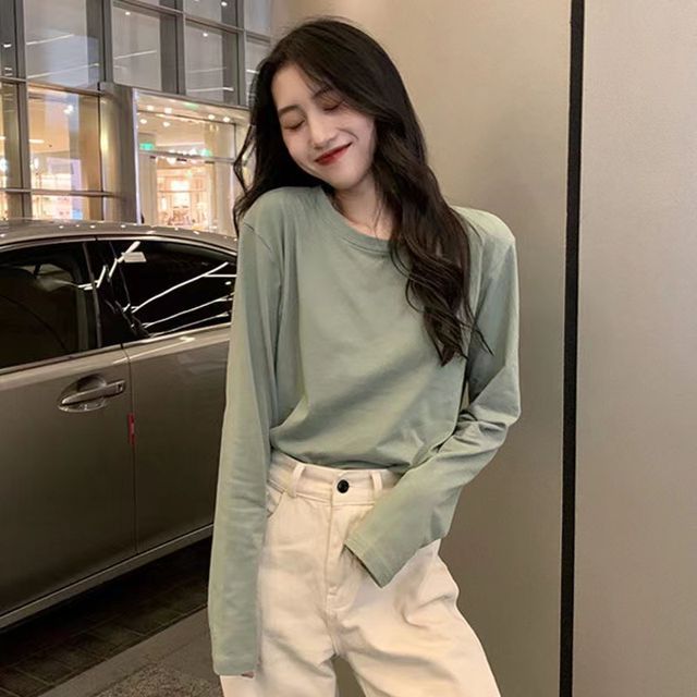 Hevnir-Long-Sleeve Crew Neck Plain T-Shirt