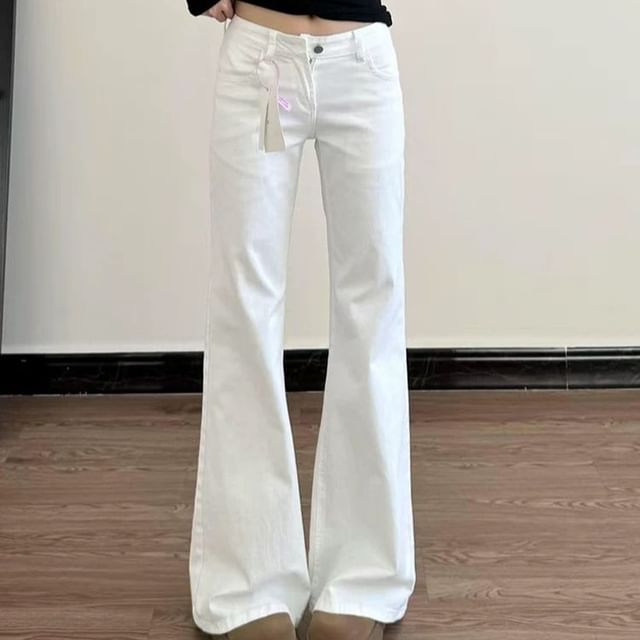 Okalpis-Mid Waist Plain Flared Jeans