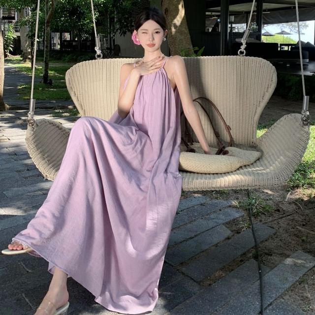 Moanum-Spaghetti Strap Plain Maxi A-Line Dress