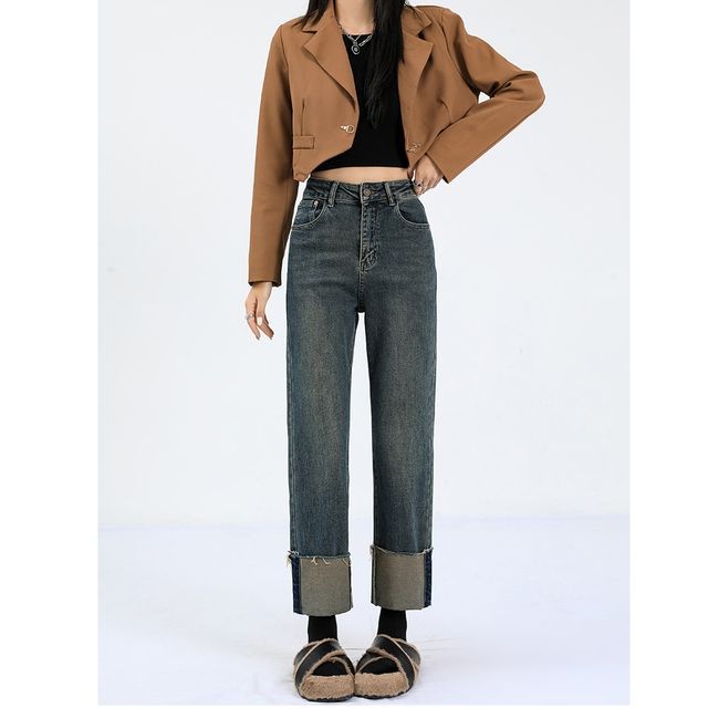 Denimot High Rise Washed Roll Up Hem Cropped Straight Leg Jeans